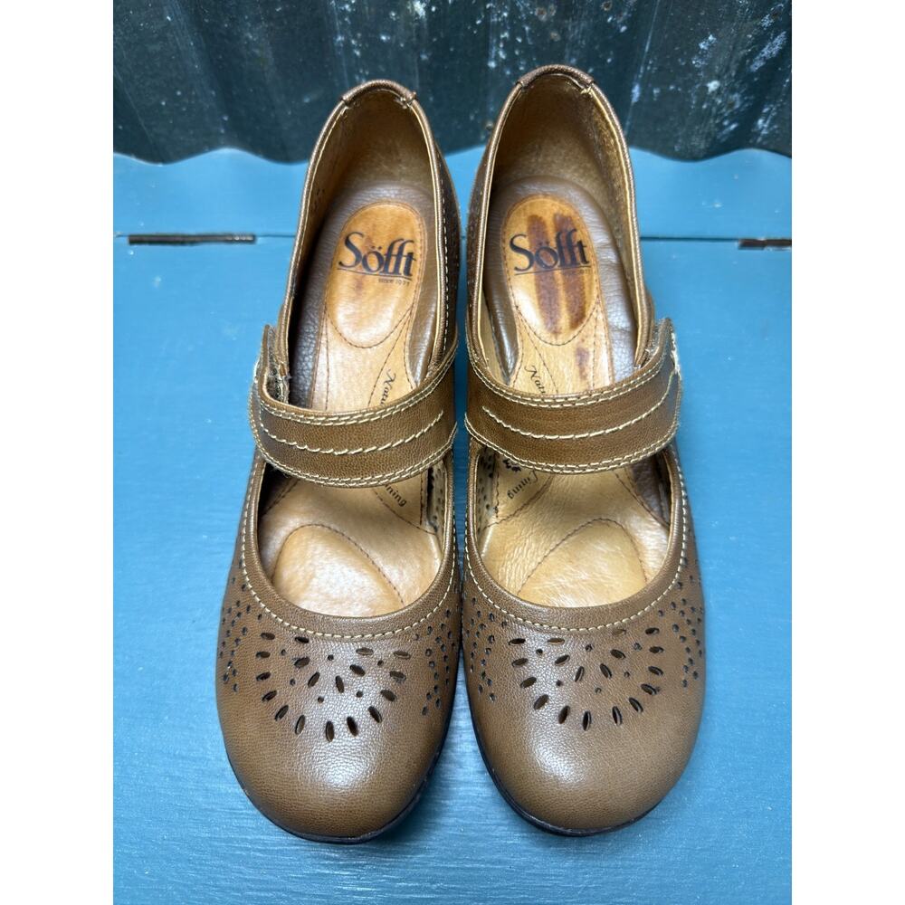 Sofft Womens 7M Brown Leather Mary Jane Heels Perforated Comfort Shoes Academia - Picture 6 of 10